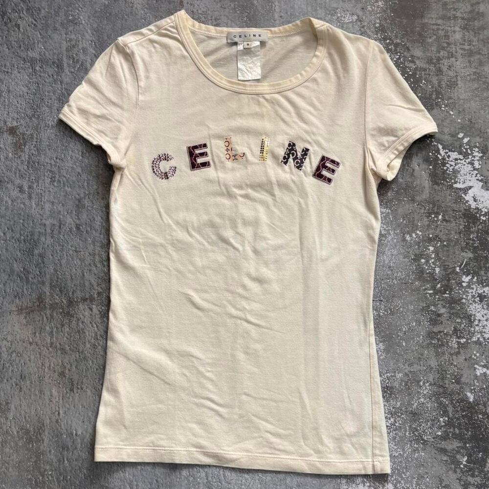 Celine White Logo Baby Tee. Size Small